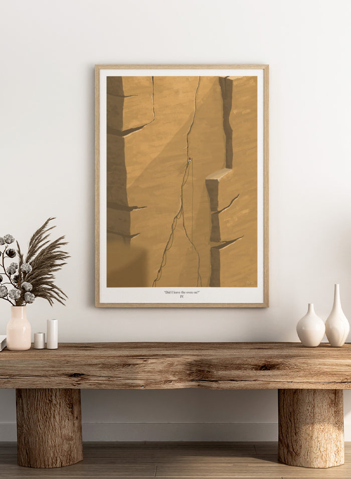 An art print featuring a minimalist illustration of a climber on a massive sandstone cliff, with the caption 'Did I leave the oven on?' at the bottom. Shop Solitary Cliff Ascent by Jake Waldron, a minimalist climbing wall art print featuring a lone rock climber, towering canyon walls, and warm sandstone tones.