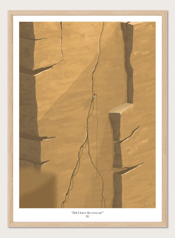 An art print featuring a minimalist illustration of a climber on a massive sandstone cliff, with the caption 'Did I leave the oven on?' at the bottom. Shop Solitary Cliff Ascent by Jake Waldron, a minimalist climbing wall art print featuring a lone rock climber, towering canyon walls, and warm sandstone tones.