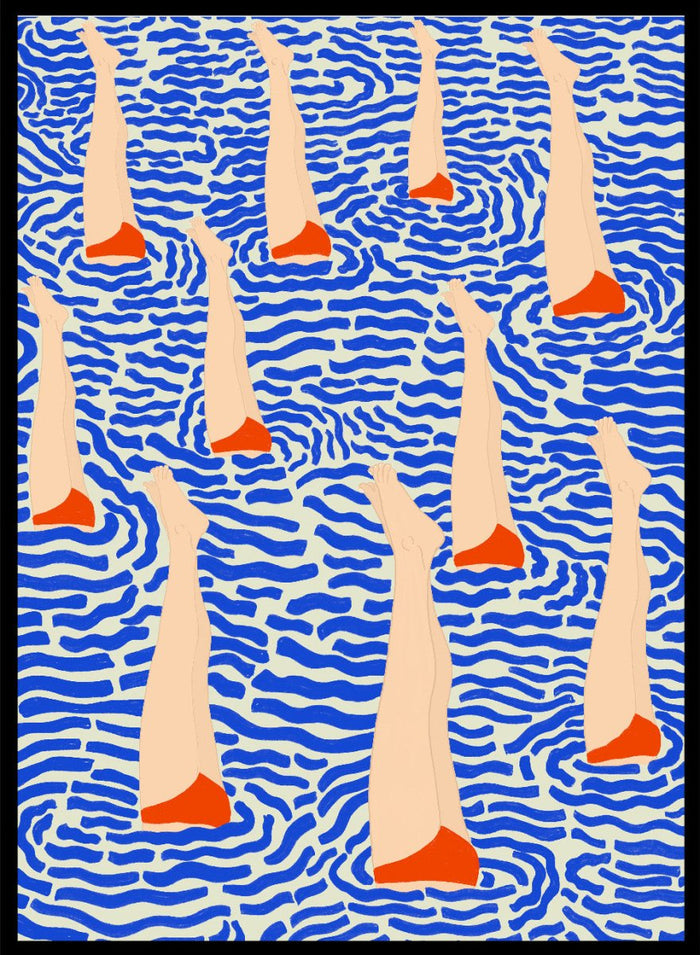 Bañistas by Jota De Jai is a playful modern fine art print of summer swimmers floating in bold blue waves. Available unframed or framed in real wood.