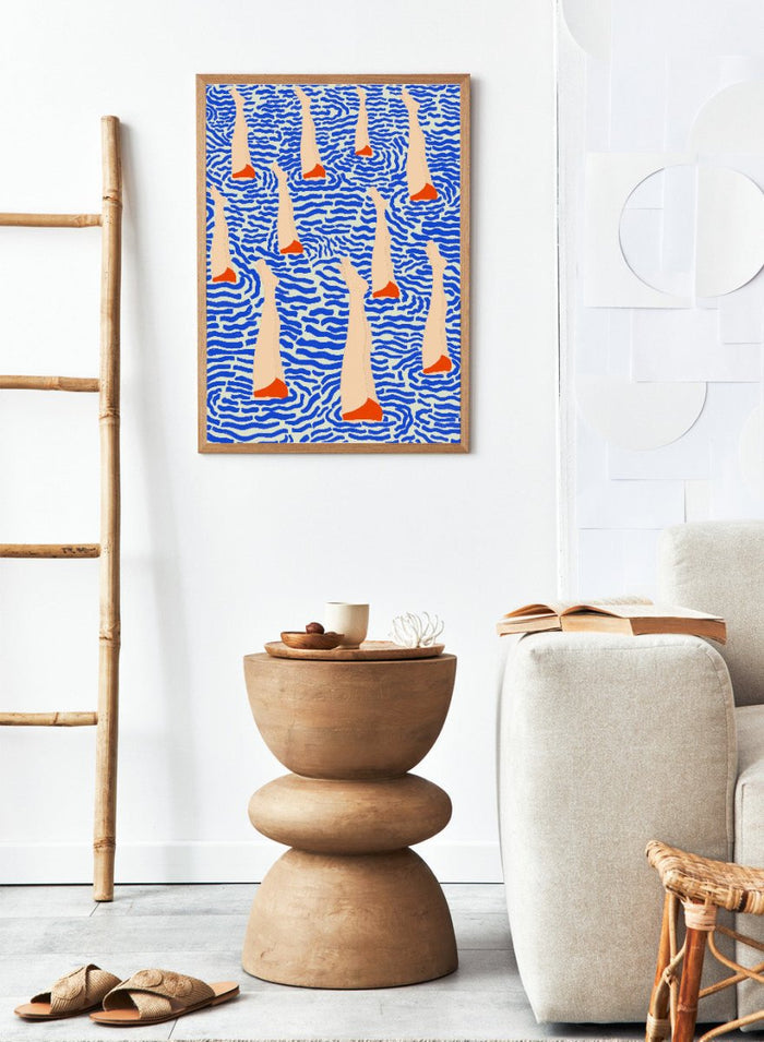 Bañistas by Jota De Jai is a playful modern fine art print of summer swimmers floating in bold blue waves. Available unframed or framed in real wood.