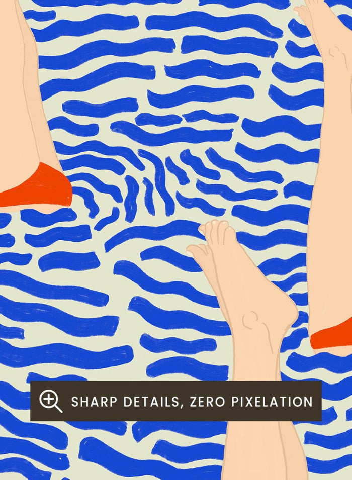 Bañistas by Jota De Jai is a playful modern fine art print of summer swimmers floating in bold blue waves. Available unframed or framed in real wood.