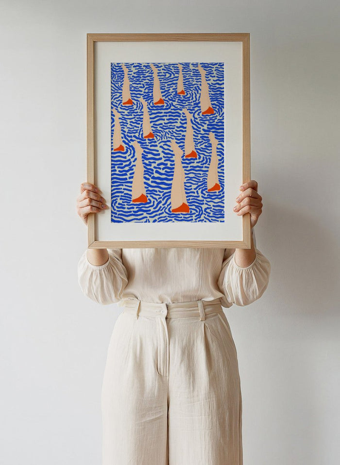 Bañistas by Jota De Jai is a playful modern fine art print of summer swimmers floating in bold blue waves. Available unframed or framed in real wood.