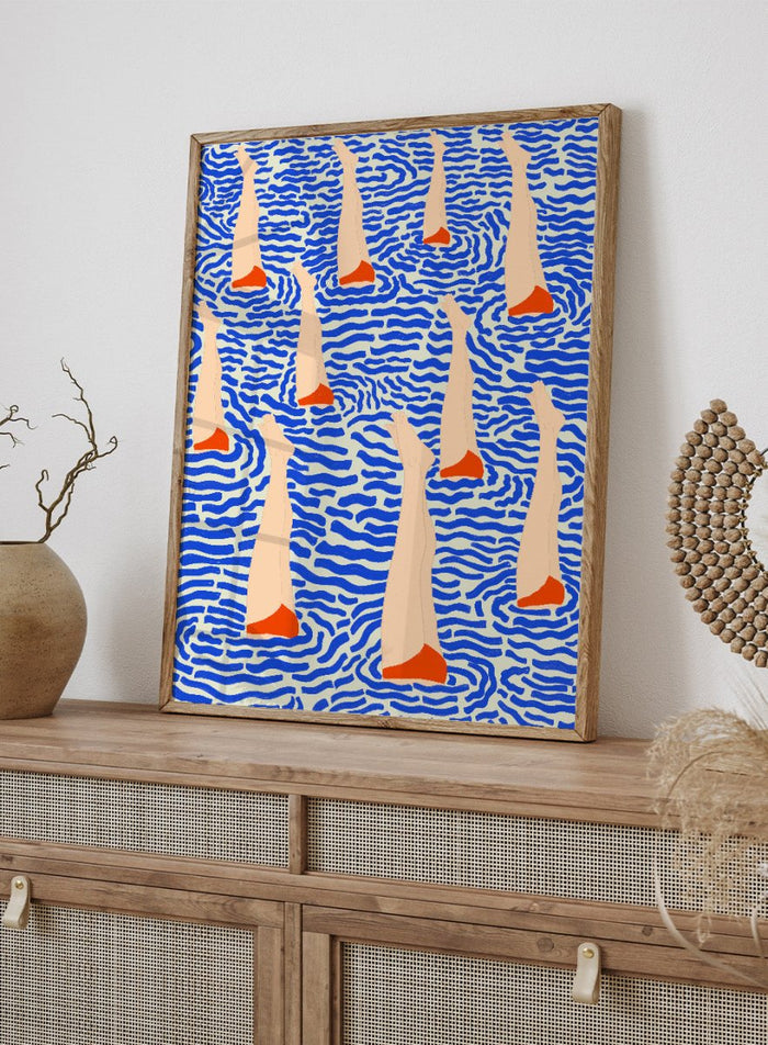 Bañistas by Jota De Jai is a playful modern fine art print of summer swimmers floating in bold blue waves. Available unframed or framed in real wood.