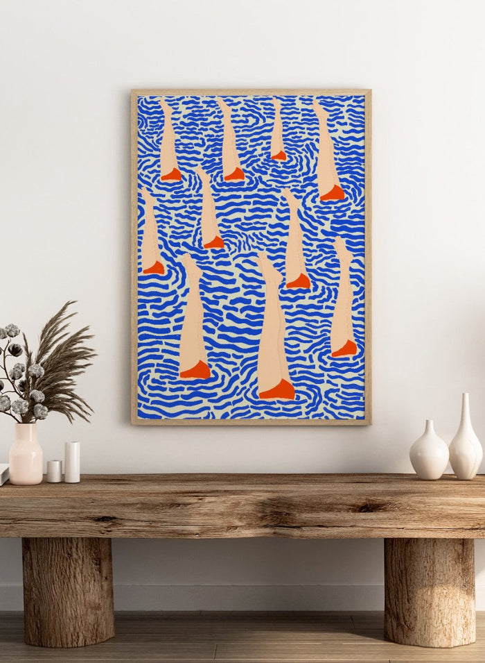 Bañistas by Jota De Jai is a playful modern fine art print of summer swimmers floating in bold blue waves. Available unframed or framed in real wood.