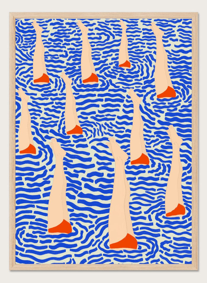 Bañistas by Jota De Jai is a playful modern fine art print of summer swimmers floating in bold blue waves. Available unframed or framed in real wood.