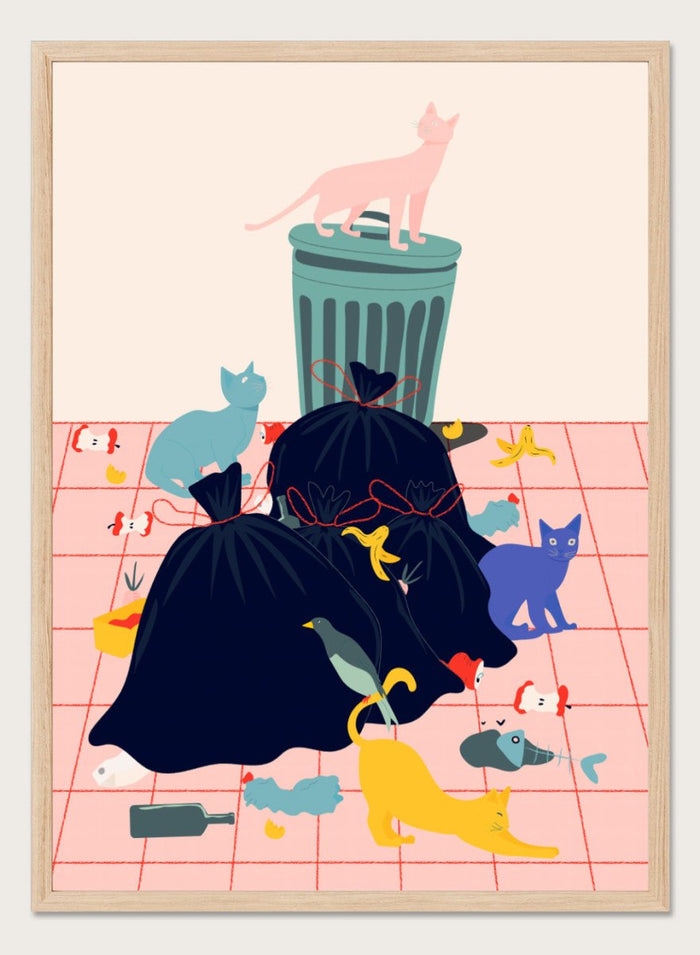 Illustration of a trash can and cats on a pink grid background. Cats by Jota de Jai is a funny modern wall art print featuring colorful cats taking over a messy room. Officially licensed fine art poster with optional wood frame.