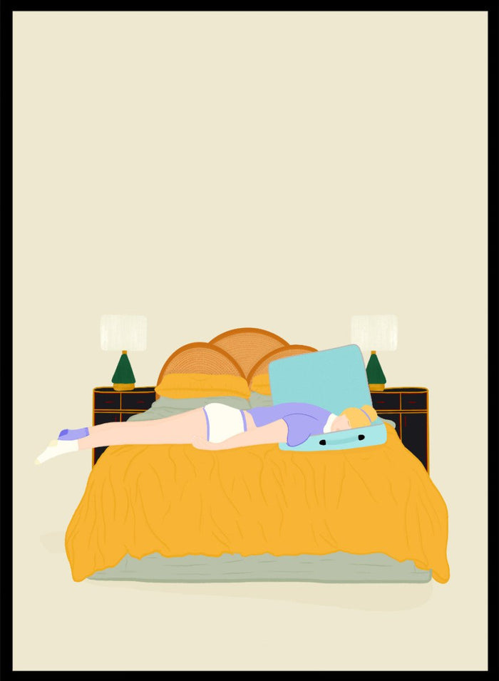 Illustration of a person lying in bed with a blue pillow and yellow blanket on a beige background. Digital Nomad by Jota de Jai is a calm modern art print of a woman resting on a bed with an open suitcase, officially licensed fine art wall poster with framing available.