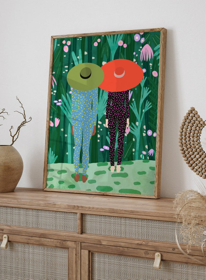 Two people with large hats walking through a lush, colorful forest. Jungle Pajamas by Jota de Jai is an officially licensed fine art wall poster about friendship and quiet connection, available framed or unframed.