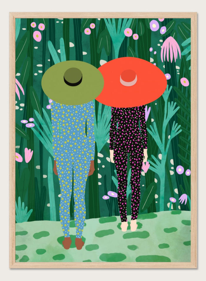 Two people with large hats walking through a lush, colorful forest. Jungle Pajamas by Jota de Jai is an officially licensed fine art wall poster about friendship and quiet connection, available framed or unframed.