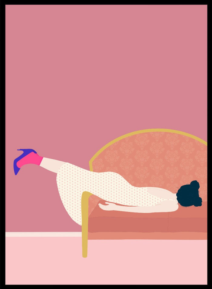 Illustration of a person lying on a sofa with a pink background. Maddie’s Mood by Jota De Jai is a playful contemporary art print of a woman lounging on a vintage sofa in a bold pink room. Officially licensed wall poster with framing.