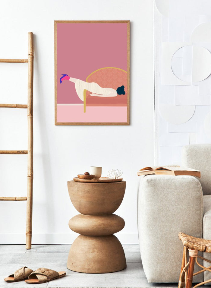 Illustration of a person lying on a sofa with a pink background. Maddie’s Mood by Jota De Jai is a playful contemporary art print of a woman lounging on a vintage sofa in a bold pink room. Officially licensed wall poster with framing.
