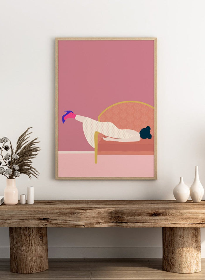 Illustration of a person lying on a sofa with a pink background. Maddie’s Mood by Jota De Jai is a playful contemporary art print of a woman lounging on a vintage sofa in a bold pink room. Officially licensed wall poster with framing.