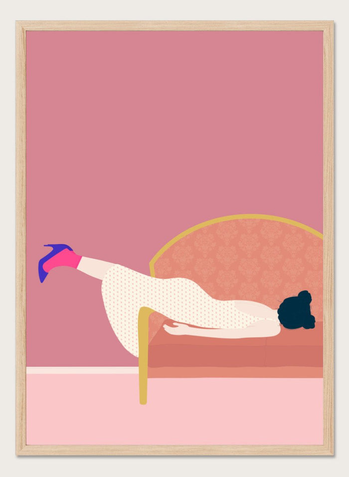 Illustration of a person lying on a sofa with a pink background. Maddie’s Mood by Jota De Jai is a playful contemporary art print of a woman lounging on a vintage sofa in a bold pink room. Officially licensed wall poster with framing.