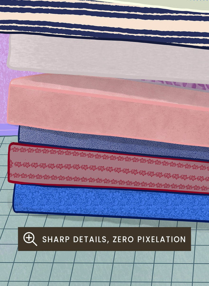 Illustration of a person sitting on a stack of books with one arm raised against a purple background. Mattress Ballet by Jota De Jai is a playful modern fine art print of a woman balancing on stacked mattresses. Available unframed or framed in real wood.