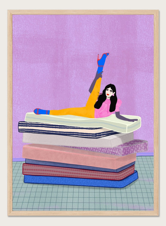Illustration of a person sitting on a stack of books with one arm raised against a purple background. Mattress Ballet by Jota De Jai is a playful modern fine art print of a woman balancing on stacked mattresses. Available unframed or framed in real wood.
