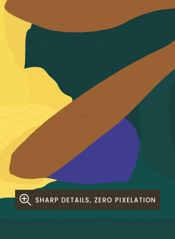 Illustration of a person sitting on a couch with a flower, against a patterned pink background. New Year’s Eve by Jota De Jai is a playful modern fine art print of a woman upside down on a couch in heels and a yellow dress. Available framed or unframed.
