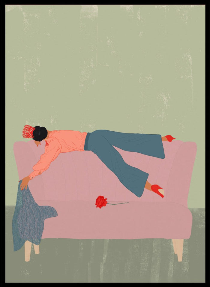Illustration of a person lying on a pink couch with a red flower, against a green background. Rocío by Jota de Jai is a modern fine art print of a woman draped across a pink sofa with a red rose, officially licensed wall poster available framed in real wood.