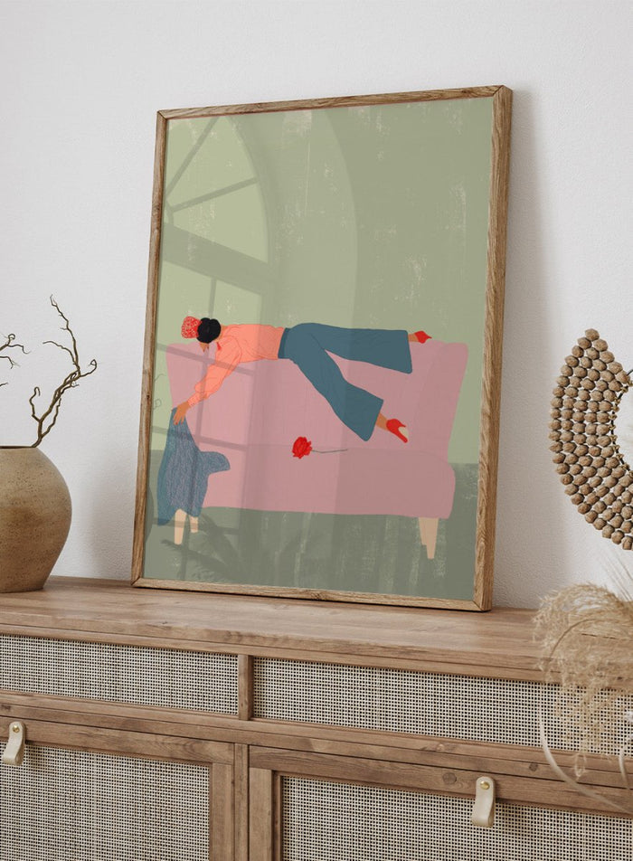 Illustration of a person lying on a pink couch with a red flower, against a green background. Rocío by Jota de Jai is a modern fine art print of a woman draped across a pink sofa with a red rose, officially licensed wall poster available framed in real wood.