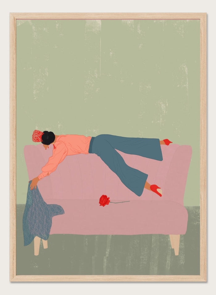 Illustration of a person lying on a pink couch with a red flower, against a green background. Rocío by Jota de Jai is a modern fine art print of a woman draped across a pink sofa with a red rose, officially licensed wall poster available framed in real wood.