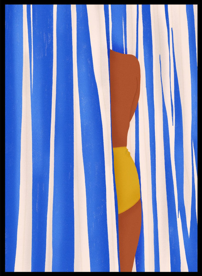 Summer Tan by Jota de Jai is a modern beach wall art print with blue stripes and a yellow swimsuit. Officially licensed fine art poster with optional wood frame.