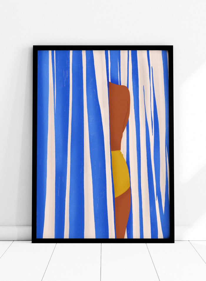 Abstract artwork with vertical blue and white stripes and a brown and yellow shape. Summer Tan by Jota de Jai is a modern beach wall art print with blue stripes and a yellow swimsuit. Officially licensed fine art poster with optional wood frame.