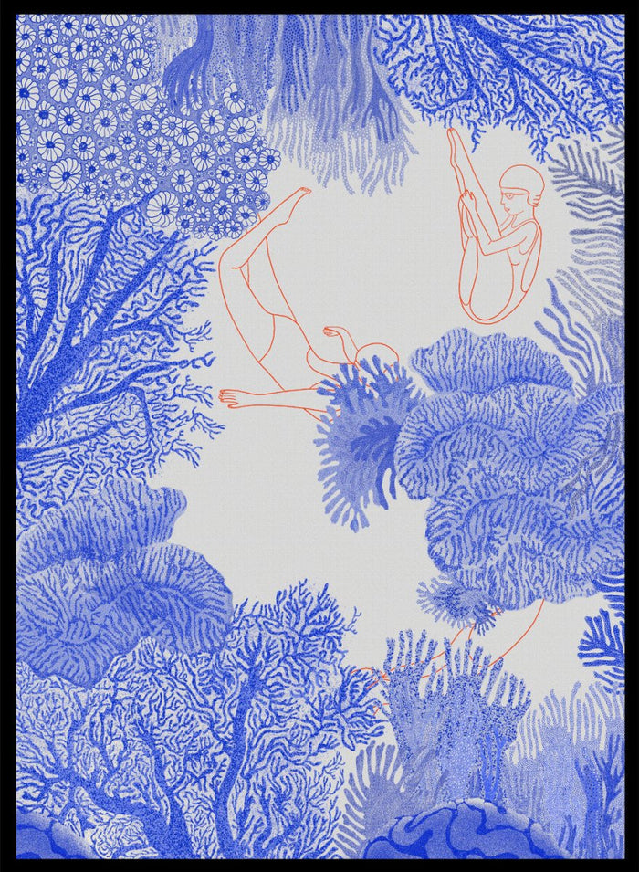 Illustration of people climbing on coral with blue and white patterns. Underwater by Jota de Jai is a modern blue wall art print of swimmers drifting through an ocean coral illustration, available as a premium fine art poster with optional wood framing.
