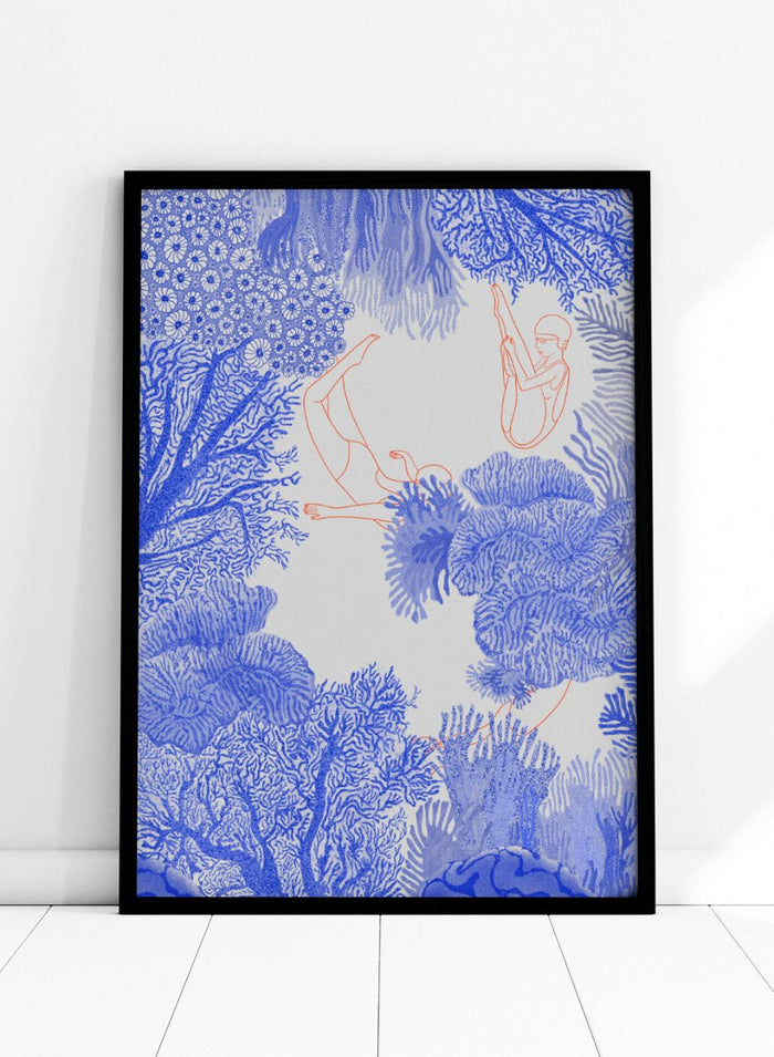 Illustration of people climbing on coral with blue and white patterns. Underwater by Jota de Jai is a modern blue wall art print of swimmers drifting through an ocean coral illustration, available as a premium fine art poster with optional wood framing.