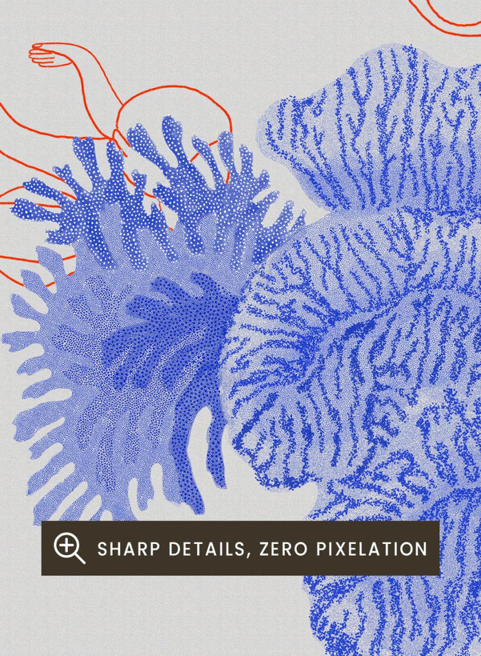 Illustration of people climbing on coral with blue and white patterns. Underwater by Jota de Jai is a modern blue wall art print of swimmers drifting through an ocean coral illustration, available as a premium fine art poster with optional wood framing.