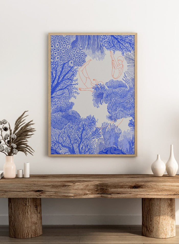 Illustration of people climbing on coral with blue and white patterns. Underwater by Jota de Jai is a modern blue wall art print of swimmers drifting through an ocean coral illustration, available as a premium fine art poster with optional wood framing.