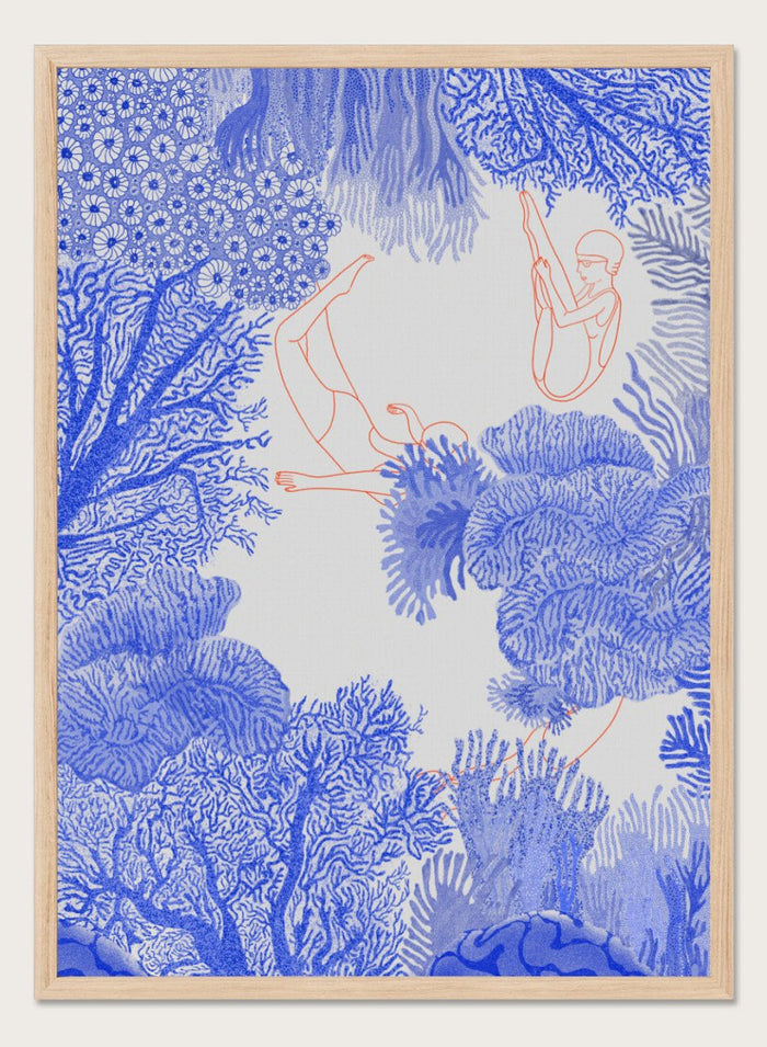 Illustration of people climbing on coral with blue and white patterns. Underwater by Jota de Jai is a modern blue wall art print of swimmers drifting through an ocean coral illustration, available as a premium fine art poster with optional wood framing.