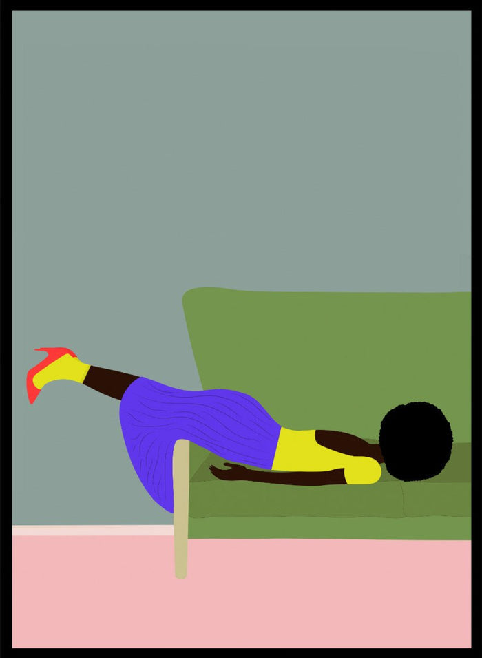 Simplified illustration of a person lying on a green couch with a gray wall and pink floor. Wendy’s Mood by Jota de Jai is a modern art print of a woman lounging dramatically on a green couch, officially licensed wall poster with fine art printing and framing.