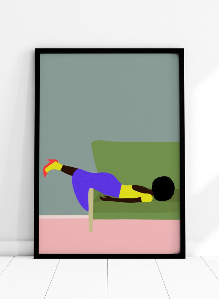 Simplified illustration of a person lying on a green couch with a gray wall and pink floor. Wendy’s Mood by Jota de Jai is a modern art print of a woman lounging dramatically on a green couch, officially licensed wall poster with fine art printing and framing.