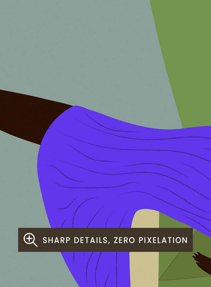 Simplified illustration of a person lying on a green couch with a gray wall and pink floor. Wendy’s Mood by Jota de Jai is a modern art print of a woman lounging dramatically on a green couch, officially licensed wall poster with fine art printing and framing.
