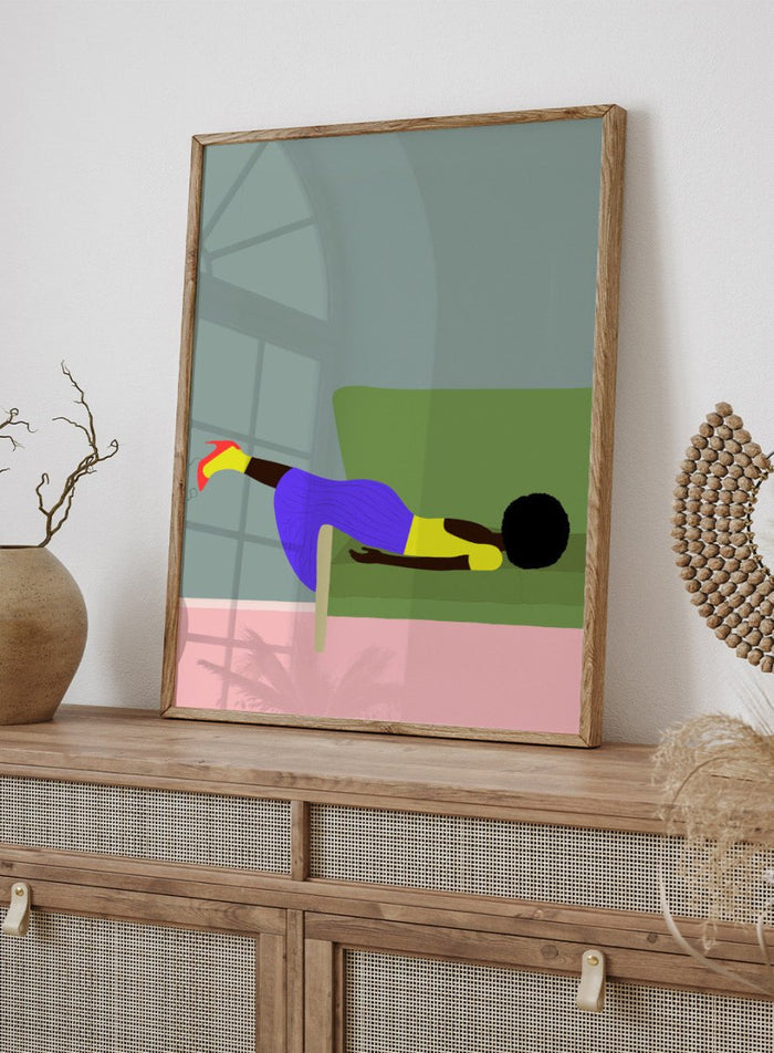 Simplified illustration of a person lying on a green couch with a gray wall and pink floor. Wendy’s Mood by Jota de Jai is a modern art print of a woman lounging dramatically on a green couch, officially licensed wall poster with fine art printing and framing.