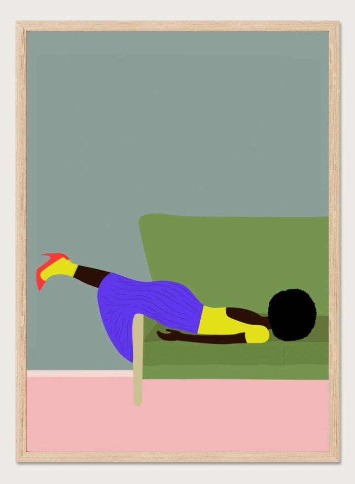 Simplified illustration of a person lying on a green couch with a gray wall and pink floor. Wendy’s Mood by Jota de Jai is a modern art print of a woman lounging dramatically on a green couch, officially licensed wall poster with fine art printing and framing.