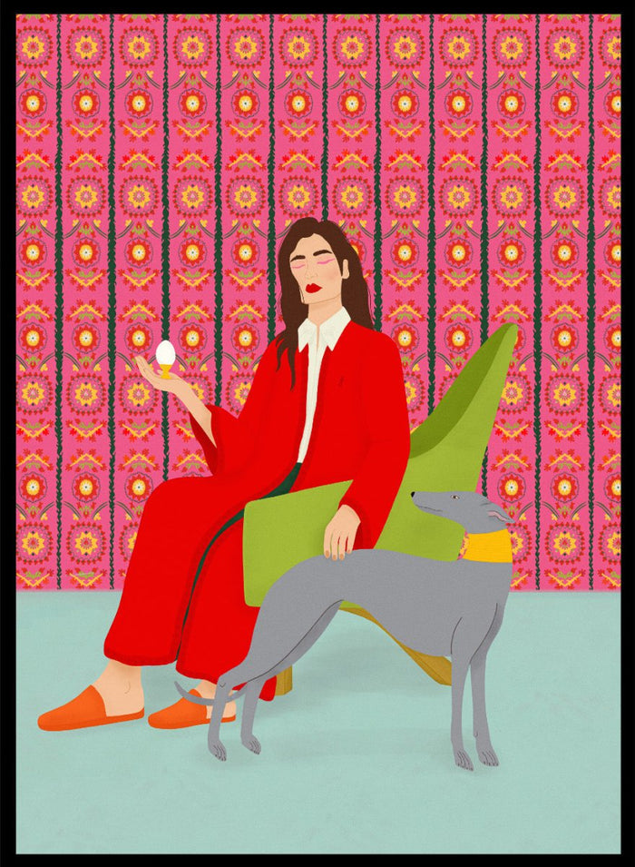 Woman in a red coat sitting on a green chair with a dog, against a pink patterned wall. Wonderful Egg by Jota de Jai is a whimsical modern art print of a woman in a red robe holding an egg with her greyhound, officially licensed wall poster with framing.