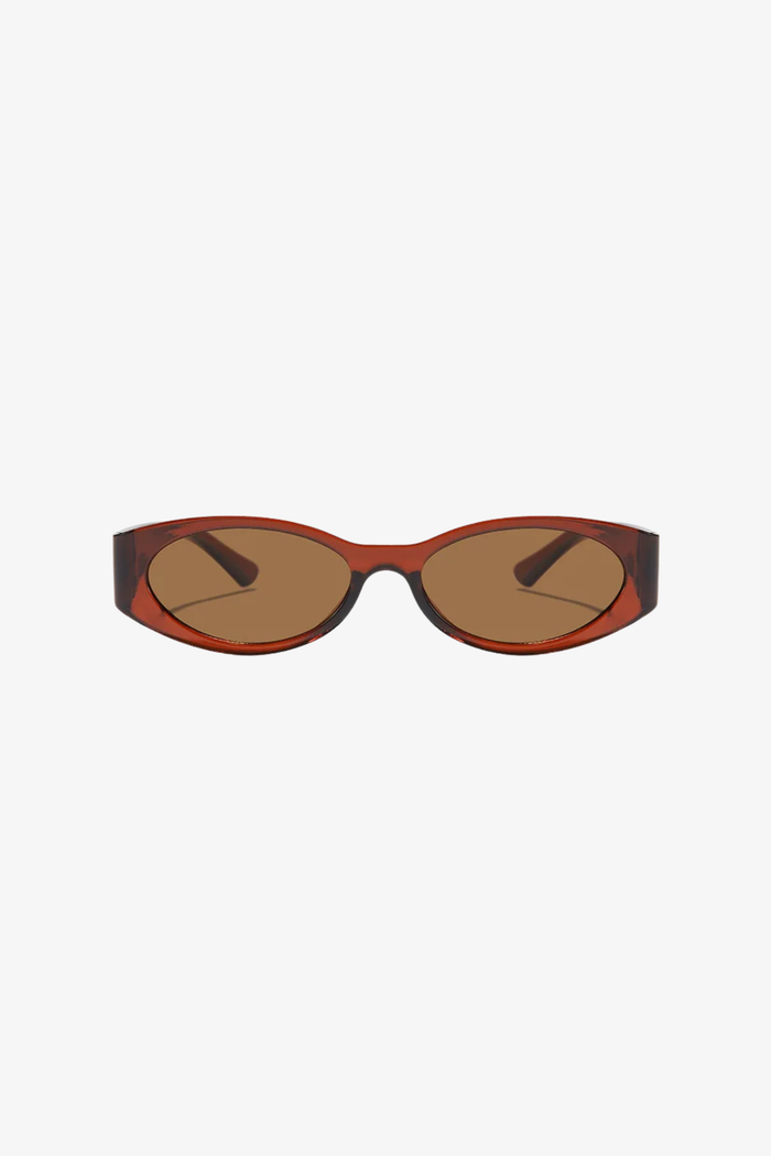 Oval sunglasses with a brown frame and lenses on a white background
