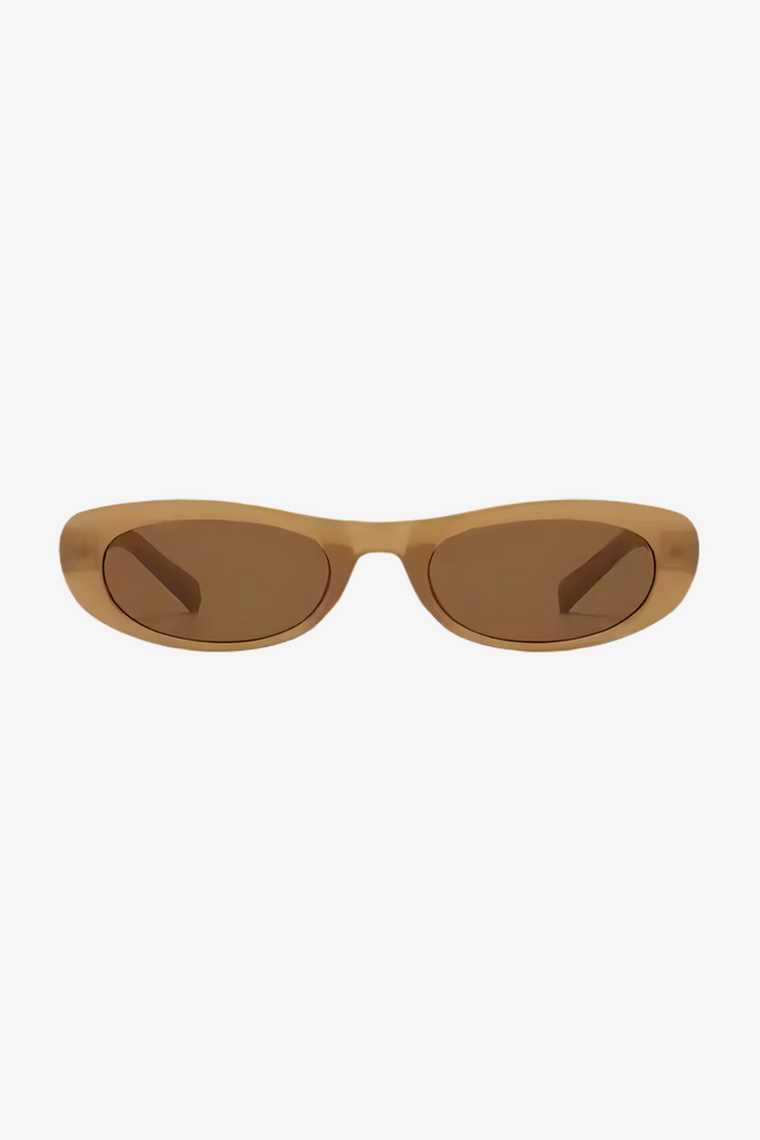 Sunglasses with a brown frame and light brown lenses on a white background
