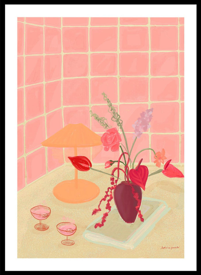 Illustration of a table with a vase of flowers, two glasses, and an orange lamp against a pink tiled wall. Bubbly by Katharina Puritscher art print featuring pink tiled walls, floral still life, coupe glasses, and a cozy tabletop scene. Officially licensed wall poster.