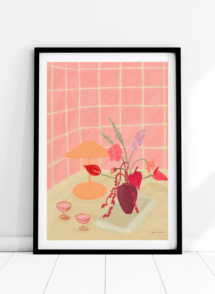 Illustration of a table with a vase of flowers, two glasses, and an orange lamp against a pink tiled wall. Bubbly by Katharina Puritscher art print featuring pink tiled walls, floral still life, coupe glasses, and a cozy tabletop scene. Officially licensed wall poster.