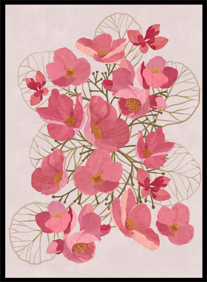 A framed botanical art print featuring pink flowers with yellow centers and delicate gold leaf outlines on a pale pink background. Shop Japanese Quince Floral Art Print by Katie O'Shea, a botanical floral art print featuring pink quince blossoms, soft leaves, and fresh spring color.