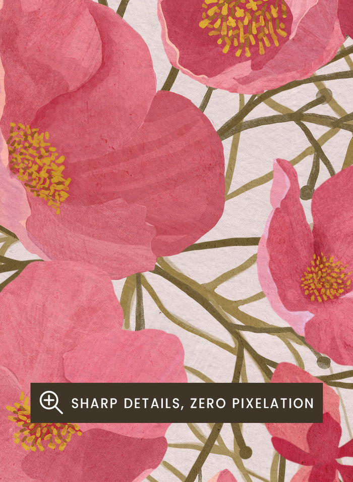 A framed botanical art print featuring pink flowers with yellow centers and delicate gold leaf outlines on a pale pink background. Shop Japanese Quince Floral Art Print by Katie O'Shea, a botanical floral art print featuring pink quince blossoms, soft leaves, and fresh spring color.