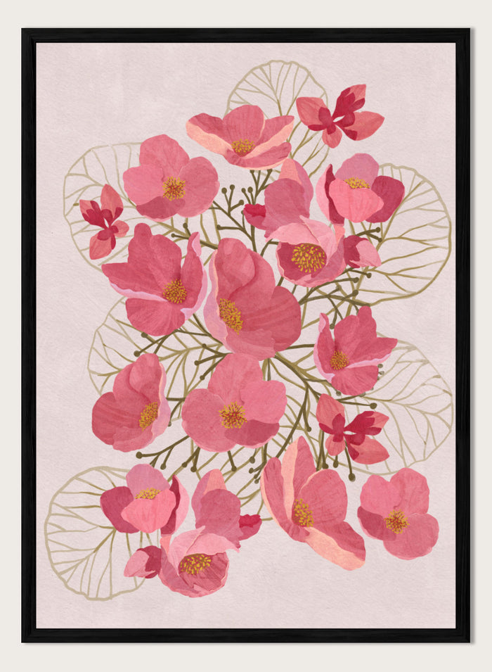A framed botanical art print featuring pink flowers with yellow centers and delicate gold leaf outlines on a pale pink background. Shop Japanese Quince Floral Art Print by Katie O'Shea, a botanical floral art print featuring pink quince blossoms, soft leaves, and fresh spring color.