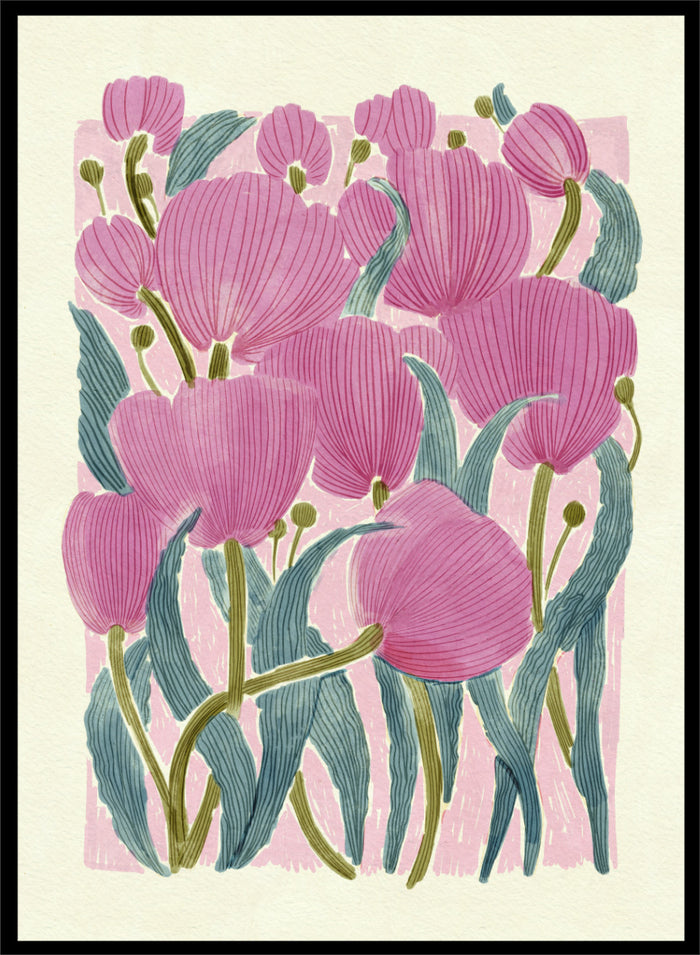 A framed art print featuring a stylized illustration of pink tulips with textured green leaves on a light cream background. Shop Pink Tulips by Katie O'Shea, a botanical floral art print featuring layered pink tulips, blue-green leaves, fine linework, and soft spring color.