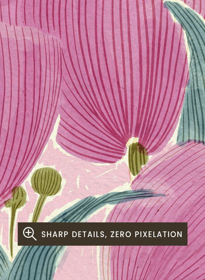 A framed art print featuring a stylized illustration of pink tulips with textured green leaves on a light cream background. Shop Pink Tulips by Katie O'Shea, a botanical floral art print featuring layered pink tulips, blue-green leaves, fine linework, and soft spring color.