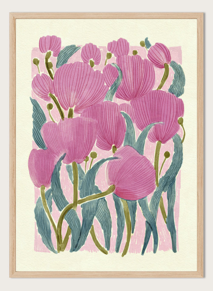 A framed art print featuring a stylized illustration of pink tulips with textured green leaves on a light cream background. Shop Pink Tulips by Katie O'Shea, a botanical floral art print featuring layered pink tulips, blue-green leaves, fine linework, and soft spring color.