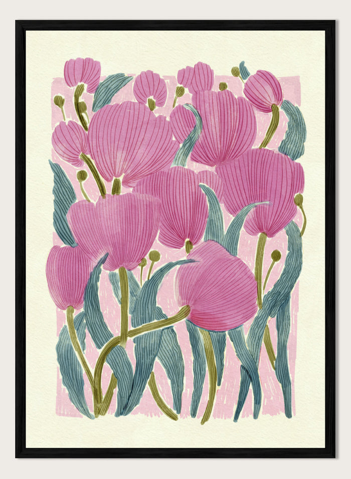 A framed art print featuring a stylized illustration of pink tulips with textured green leaves on a light cream background. Shop Pink Tulips by Katie O'Shea, a botanical floral art print featuring layered pink tulips, blue-green leaves, fine linework, and soft spring color.