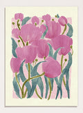 A framed art print featuring a stylized illustration of pink tulips with textured green leaves on a light cream background. Shop Pink Tulips by Katie O'Shea, a botanical floral art print featuring layered pink tulips, blue-green leaves, fine linework, and soft spring color.