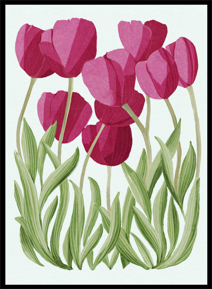 A stylized floral illustration of pink tulips with green leaves on a white background. Shop Tulips Floral Art Print by Katie O'Shea, a botanical floral art print featuring deep pink tulips, tall green leaves, and fresh spring color.
