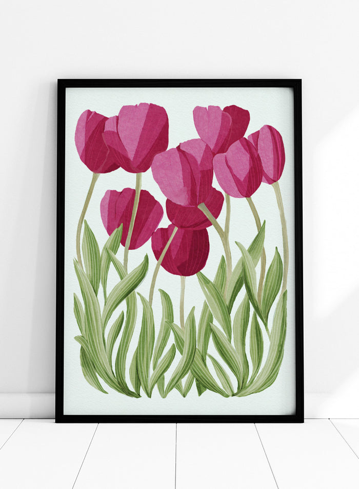A stylized floral illustration of pink tulips with green leaves on a white background. Shop Tulips Floral Art Print by Katie O'Shea, a botanical floral art print featuring deep pink tulips, tall green leaves, and fresh spring color.
